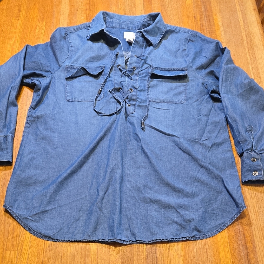 Chico's Women 2 Chambray Soft Denim Lace-Up Long Sleeve Pullover Blouse